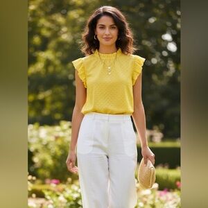 Yellow Cap Sleeve Blouse with Ruffled Mandarin Collar